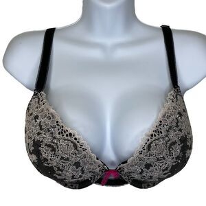 Victoria’s Secret Dream Angel Lace Push-up Pigeonnant Bra Black Cream Size 34DD